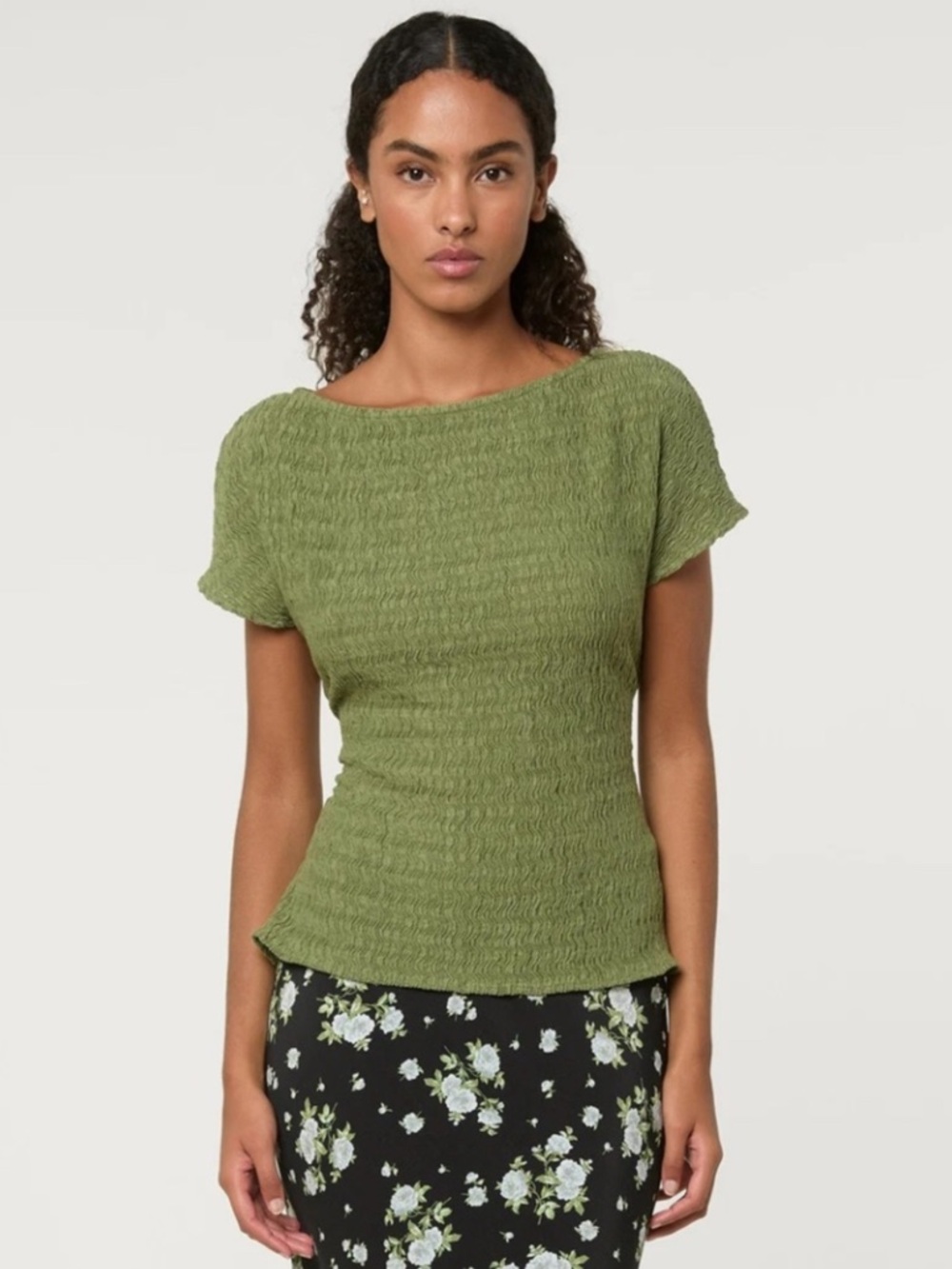 Rouje Dean top Olive Green Smocked Short Sleeve Top